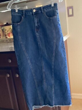 Women's Blue Denim Straight Midi Skirt - Classic Panel Detail 34” Length